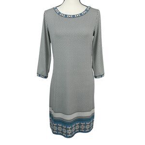 Max Studio Women’s Shift Dress Small Blue Gray Geometric Print 3/4 Sleeve